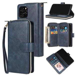 huismerk Voor iPhone 12 mini Zipper Wallet Bag Horizontale Flip PU Lederen Case met Holder & 9 Card Slots & Wallet & Lanyard & Photo Frame(Blauw)