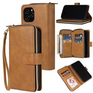 huismerk Voor iPhone 12 mini Zipper Wallet Bag Horizontale Flip PU Lederen Case met Holder & 9 Card Slots & Wallet & Lanyard & Photo Frame(Bruin)