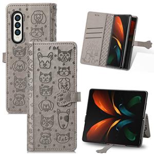 huismerk Voor Samsung Galaxy Z Fold3 5G Mooie kat en hond embossing patroon horizontale flip lederen tas met houder & kaart slots & portemonnee