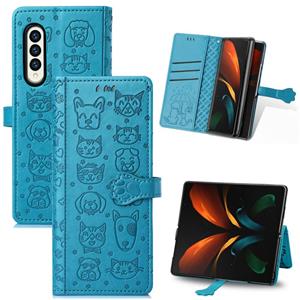 huismerk Voor Samsung Galaxy Z Fold3 5G Mooie kat en hond embossing patroon horizontale flip lederen tas met houder & kaart slots & portemonnee