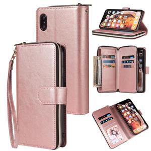 huismerk Voor iPhone X / XS Zipper Wallet Bag Horizontale Flip PU Lederen case met Holder & 9 Card Slots & Wallet & Lanyard & Photo Frame(Rose Gold)