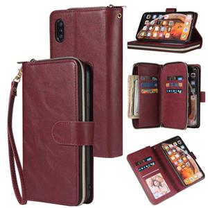 huismerk Voor iPhone X / XS Zipper Wallet Bag Horizontale Flip PU Lederen case met Holder & 9 Card Slots & Wallet & Lanyard & Photo Frame(Wine Red)