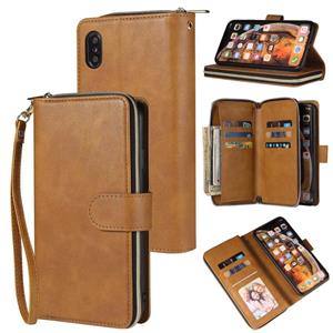 huismerk Voor iPhone X / XS Zipper Wallet Bag Horizontale Flip PU Lederen case met Holder & 9 Card Slots & Wallet & Lanyard & Photo Frame(Bruin)