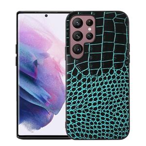 huismerk Voor Samsung Galaxy S22 Ultra 5G Crocodile Top Layer Cowhide Lederen Telefoonhoes (Cyaan Blauw)