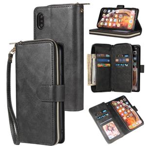 huismerk Voor iPhone XR Zipper Wallet Bag Horizontale Flip PU Lederen case met Houder & 9 Card Slots & Wallet & Lanyard & Photo Frame(Zwart)