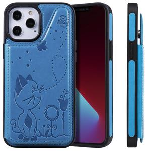 huismerk Cat Bee Embossing Patroon Schokbestendige beschermhoes met kaartslots & fotolijst voor iPhone 12 mini(Blauw)