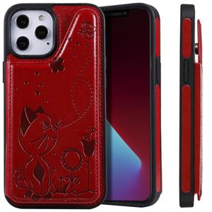 huismerk Cat Bee Embossing Patroon Schokbestendige beschermhoes met kaartslots & fotolijst voor iPhone 12 mini(Rood)