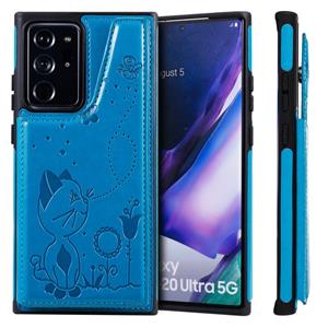 huismerk Cat Bee Embossing Patroon Schokbestendige beschermhoes met kaartslots & fotoframe voor Samsung Galaxy Note20 Ultra(Blauw)