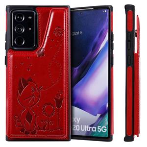 huismerk Cat Bee Embossing Patroon Schokbestendige beschermhoes met kaartslots & fotoframe voor Samsung Galaxy Note20 Ultra(Rood)