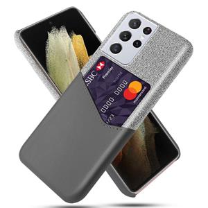 huismerk For Samsung Galaxy S21 Ultra 5G Cloth Texture PC + PU Leather Back Cover Shockproof Case with Card Slot(Grey)