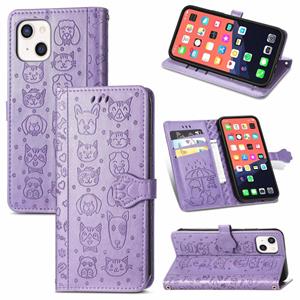 huismerk Leuke kat en hond reliëf horizontale flip lederen tas met houder & kaart slots & portemonnee & lanyard voor iphone 13