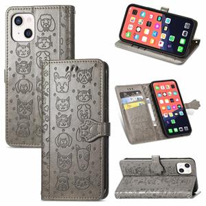 huismerk Leuke kat en hond reliëf horizontale flip lederen tas met houder & kaart slots & portemonnee & lanyard voor iphone 13