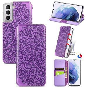 huismerk Voor Samsung Galaxy S21 5G Bloeiende Mandala Reliëf Patroon Magnetische Horizontale Flip Lederen Case met Houder & Kaart Slots & Portemonnee (Paars)