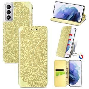 huismerk Voor Samsung Galaxy S21 5G Bloeiende Mandala Reliëf Patroon Magnetische Horizontale Flip Lederen Case met Houder & Kaart Slots & Portemonnee (Geel)