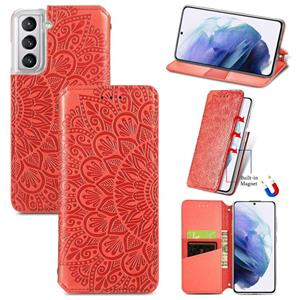 huismerk Voor Samsung Galaxy S21 5G Bloeiende Mandala Reliëf Patroon Magnetische Horizontale Flip Lederen Case met Houder & Kaart Slots & Portemonnee (Rood)