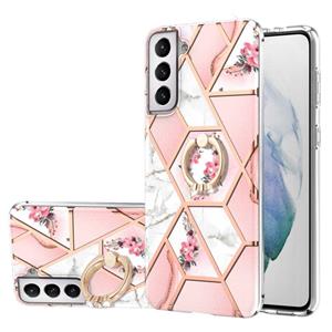 huismerk Voor Samsung Galaxy S21 + 5G Electroplating Splicing Marmeren Bloempatroon TPU Schokbestendig Case met Rhinestone Ringhouder (roze bloem)