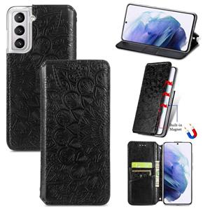 huismerk Voor Samsung Galaxy S21 5G Bloeiende Mandala Reliëf Patroon Magnetische Horizontale Flip Lederen Case met Houder & Kaart Slots & Portemonnee (Zwart)