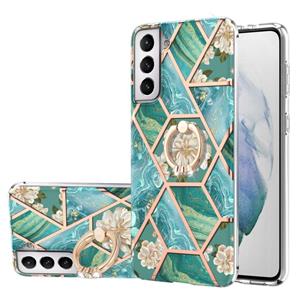 huismerk Voor Samsung Galaxy S21 + 5G Electroplating Splicing Marmeren Bloem Patroon TPU Schokbestendig Case met Rhinestone Ringhouder (Blauwe Bloem)