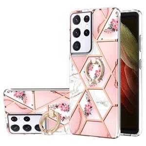 huismerk Voor Samsung Galaxy S21 Ultra 5G Electloplating Splicing Marmeren Bloem Patroon TPU Shockproof Case met Rhinestone Ringhouder (roze bloem)