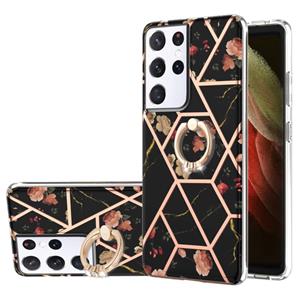 huismerk Voor Samsung Galaxy S21 Ultra 5G Electroplating Splicing Marmeren Bloem Patroon TPU Shockproof Case met Rhinestone Ringhouder (Black Flower)