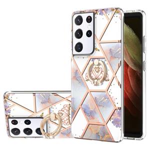 huismerk Voor Samsung Galaxy S21 Ultra 5G Electroplating Splicing Marmeren Bloempatroon TPU Schokbestendig Case met Rhinestone Ringhouder (keizerlijke kroon)