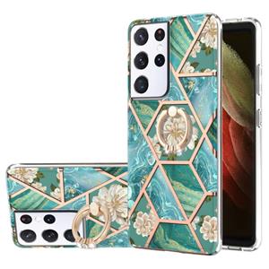 huismerk Voor Samsung Galaxy S21 Ultra 5G Electroplating Splicing Marmeren Bloempatroon TPU Schokbestendig Case met Rhinestone Ringhouder (Blauwe Bloem)