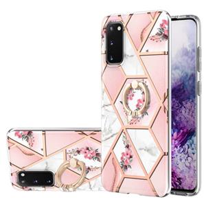 huismerk Voor Samsung Galaxy S20 Electroplating Splicing Marmeren Bloempatroon TPU Shockproof Case met Rhinestone Ringhouder (roze bloem)