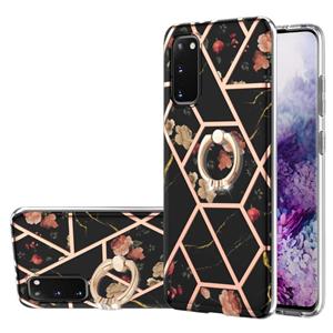 huismerk Voor Samsung Galaxy S20 Electroplating Splicing Marble Flower Pattern TPU Shockproof Case met Rhinestone Ringhouder (Black Flower)