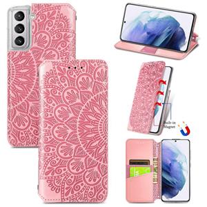 huismerk Voor Samsung Galaxy S21 + 5G Bloeiende Mandala Reliëf Patroon Magnetische Horizontale Flip Lederen Case met Houder & Kaart Slots & Portemonnee (Roze)