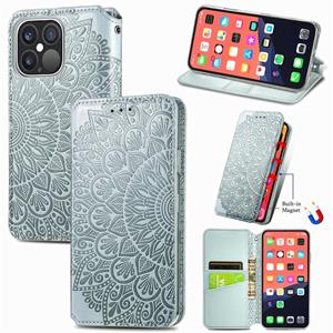 huismerk Voor iphone 13 pro bloeiende mandala reliëf patroon magnetische horizontale flip lederen tas met houder & kaart slots & portemonnee