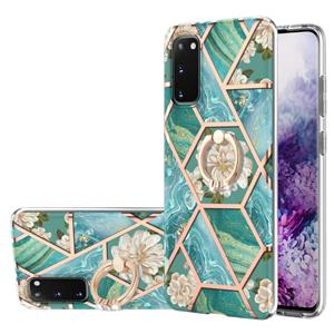 huismerk Voor Samsung Galaxy S20 Electroplating Splicing Marmeren bloempatroon TPU schokbestendig geval met strass ringhouder (blauwe bloem)