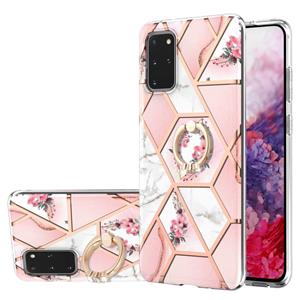 huismerk Voor Samsung Galaxy S20 + Electroplating Splicing Marmeren Bloempatroon TPU Shockproof Case met Rhinestone Ringhouder (roze bloem)