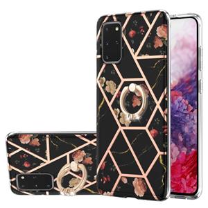 huismerk Voor Samsung Galaxy S20 + Electroplating Splicing Marble Flower Pattern TPU Shockproof Case met Rhinestone Ring Holder (Black Flower)