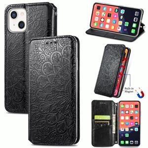 huismerk Voor iphone 13 bloeiende mandala reliëf patroon magnetische horizontale flip lederen tas met houder & kaart slots & portemonnee