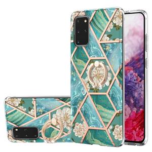 huismerk Voor Samsung Galaxy S20 + Electroplating Splicing Marmeren Bloempatroon TPU Schokbestendig Case met Rhinestone Ringhouder (Blauwe Bloem)