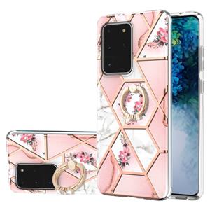 huismerk Voor Samsung Galaxy S20 Ultra Electroplating Splicing Marmeren Bloempatroon TPU Shockproof Case met Rhinestone Ring Holder (Pink Flower)