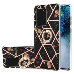 huismerk Voor Samsung Galaxy S20 Ultra Electroplating Splicing Marmeren Bloem Patroon TPU Schokbestendig Case met Rhinestone Ringhouder (Black Flower)