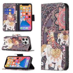 huismerk Gekleurde tekening patroon horizontale flip lederen tas met houder & kaart slots & portefeuille voor iphone 13 mini (bloemen en olifant)