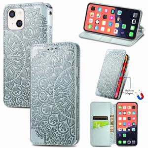 huismerk Voor iphone 13 bloeiende mandala reliëf patroon magnetische horizontale flip lederen tas met houder & kaart slots & portemonnee