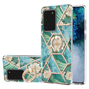 huismerk Voor Samsung Galaxy S20 Ultra Electroplating Splicing Marmeren Bloempatroon TPU Schokbestendig Case met Rhinestone Ringhouder (Blauwe Bloem)