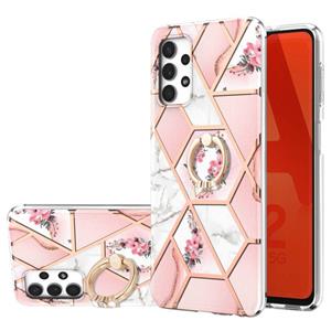 huismerk Voor Samsung Galaxy A32 5G Electroplating Splicing Marmeren Bloempatroon TPU Schokdichte Case met Rhinestone Ringhouder (roze bloem)