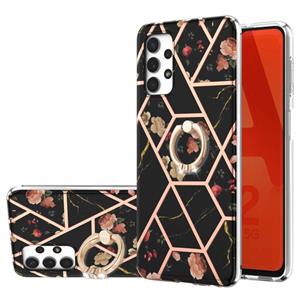 huismerk Voor Samsung Galaxy A32 5G Electroplating Splicing Marmeren Bloem Patroon TPU Schokbestendig Case met Rhinestone Ringhouder (Black Flower)