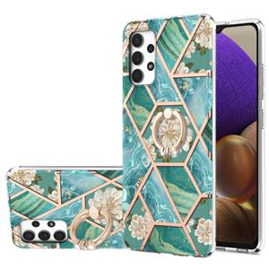 huismerk Voor Samsung Galaxy A32 4G EU-versie Electroplating Splicing Marmeren Bloempatroon TPU Schokbestendig Case met Rhinestone Ringhouder (Blauwe Bloem)