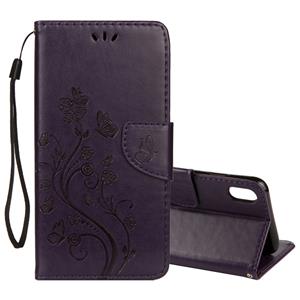 huismerk Reliëf Butterfly patroon horizontale Flip lederen draagtas met kaartsleuf & houder & portemonnee & Lanyard voor iPhone XR (donker paars)