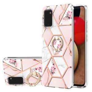 huismerk Voor Samsung Galaxy A02S 164mm Electroplating Splicing Marmeren Bloem Patroon TPU Schokbestendig Case met Rhinestone Ringhouder (roze bloem)