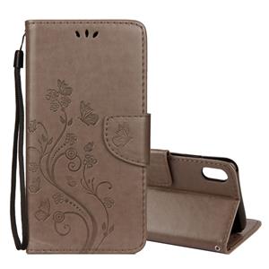 huismerk Reliëf Butterfly patroon horizontale Flip lederen draagtas met kaartsleuf & houder & portemonnee & Lanyard voor iPhone XR (grijs)