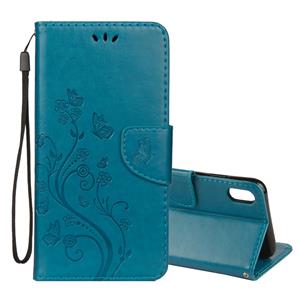 huismerk Reliëf Butterfly patroon horizontale Flip lederen draagtas met kaartsleuf & houder & portemonnee & Lanyard voor iPhone XR (blauw)