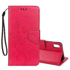 huismerk Reliëf Butterfly patroon horizontale Flip lederen draagtas met kaartsleuf & houder & portemonnee & Lanyard voor iPhone XR (magenta)