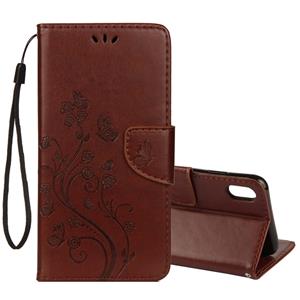 huismerk Reliëf Butterfly patroon horizontale Flip lederen draagtas met kaartsleuf & houder & portemonnee & Lanyard voor iPhone XR (bruin)