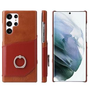 fierreshann Voor Samsung Galaxy S22 Ultra 5G Fierre Shann Oil Wax Texture Lederen Back Phone Case met 360 graden Rotatie Houder & Card Slot (Brown)